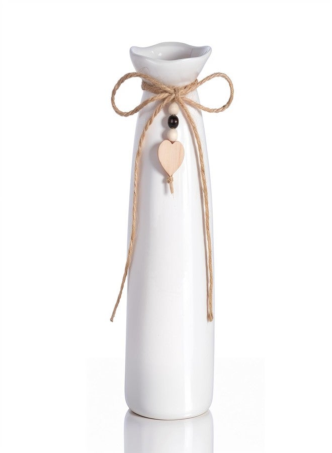 SVENJBB 8 Inch Ceramic Vase with Jute Rope & Heart Charm, Elegant White Decorative Vase for Home Décor & Table Centerpieces - Image 1